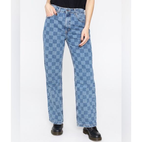 Ragged Priest Checkered Jeans Womens 26 Wide Leg Ankle High Rise Punk Emo Cotton - Picture 2 of 13